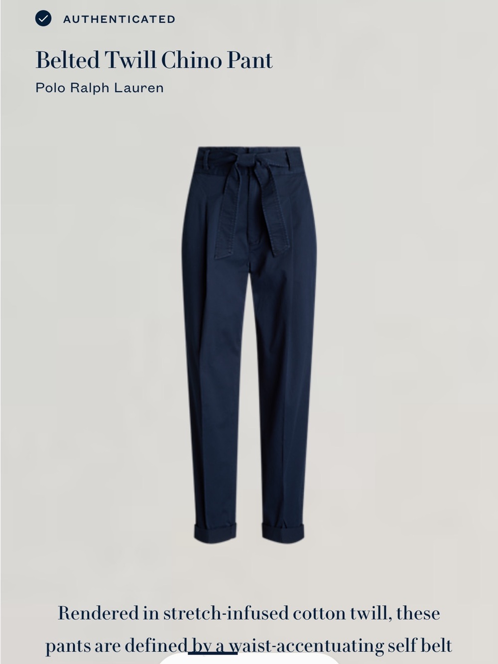 Polo by Ralph Lauren Navy Belted Twill Trousers Size 4
